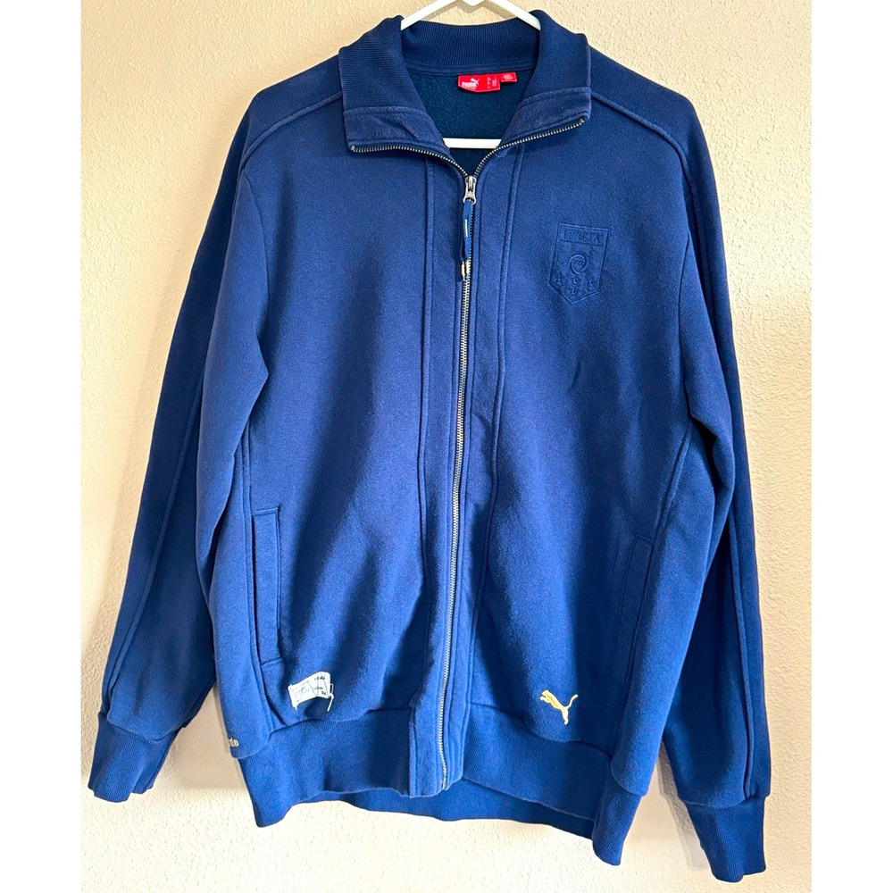 PUMA Italy Mens L Blue Graphic Full Zip Fleece Sweatshirt Mock Neck Pockets